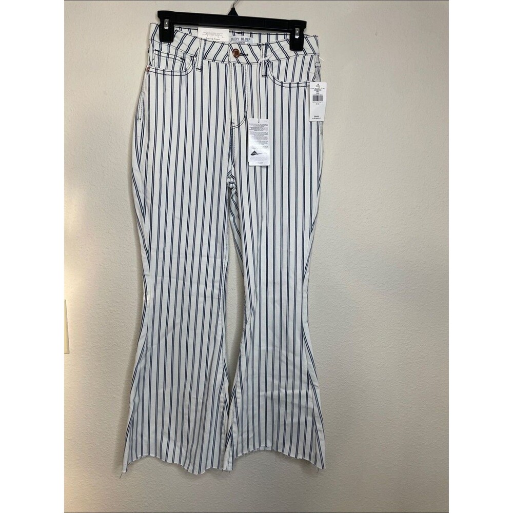 Judy Blue High Rise Navy Pinstripe Flare Jeans Raw Hem Boho Western Size 26